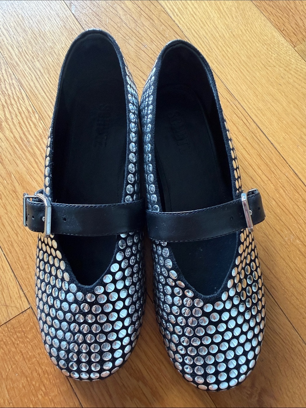 Schutz Black Grommet Mary Jane Flats with Buckle Strap - Size 6.5